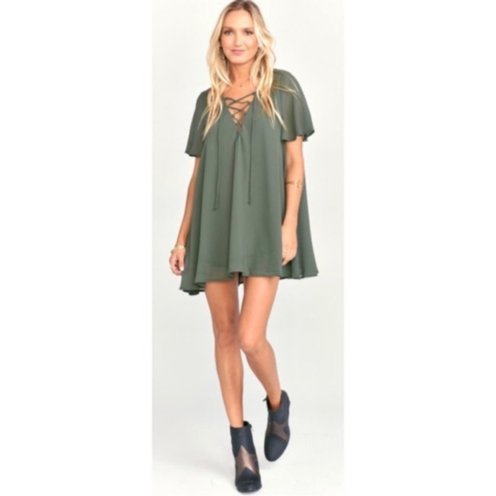 Show Me Your Mumu Dress Rancho Vista Tunic Lace Up Mini Green XS